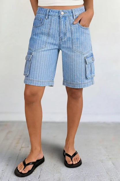 Pinstriped Flap Pocket High  Waist Denim Bermuda Shorts