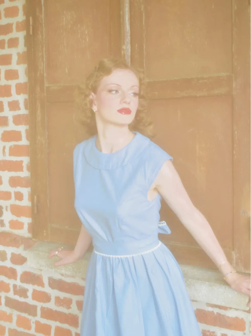Robe Midi en Lin, Sans Manches, Col Rond, Unie, Vintage, Bleue