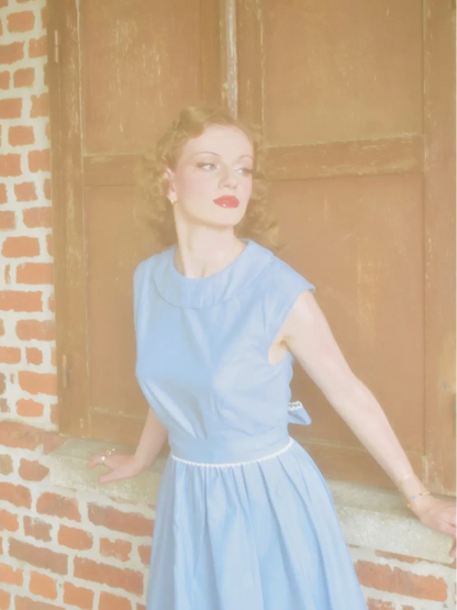 Robe Midi en Lin, Sans Manches, Col Rond, Unie, Vintage, Bleue