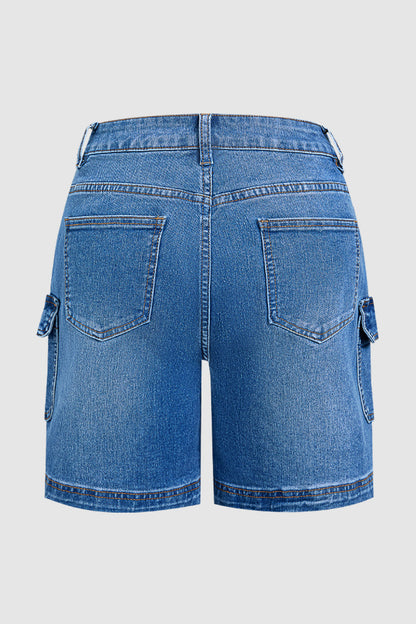 Wash Flap Pocket Seam Front Mid Rise Mid Thigh Denim Shorts Without Belt