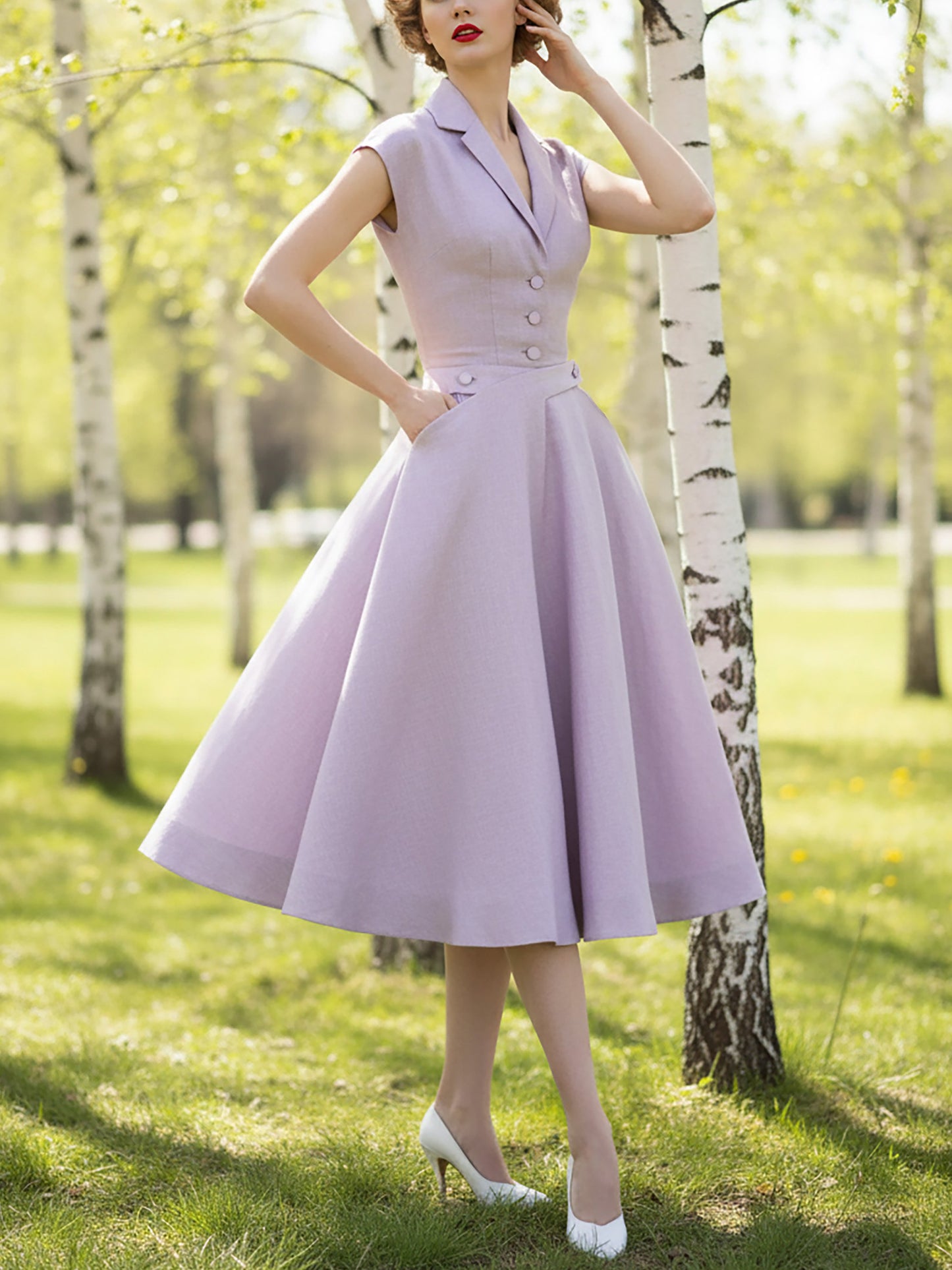 Robe Midi en Lin, Sans Manches, Col Revers, Unie, Boutonnée, Style Vintage Français, Violet Clair