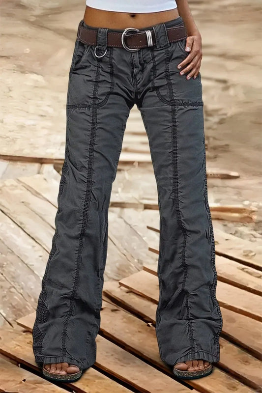 Solid Stitch Detail Mid Rise Straight Leg Cargo Pants Without Belt