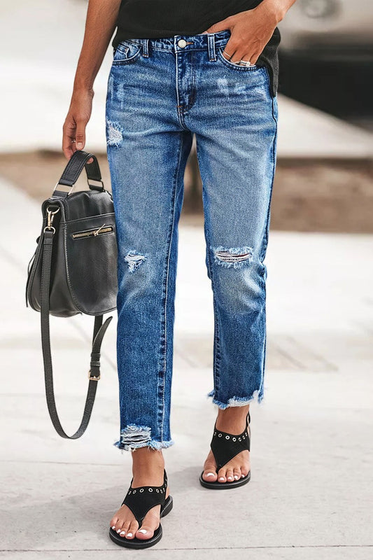 Wash Ripped Raw Hem Mid Rise Straight Leg Crop Jeans