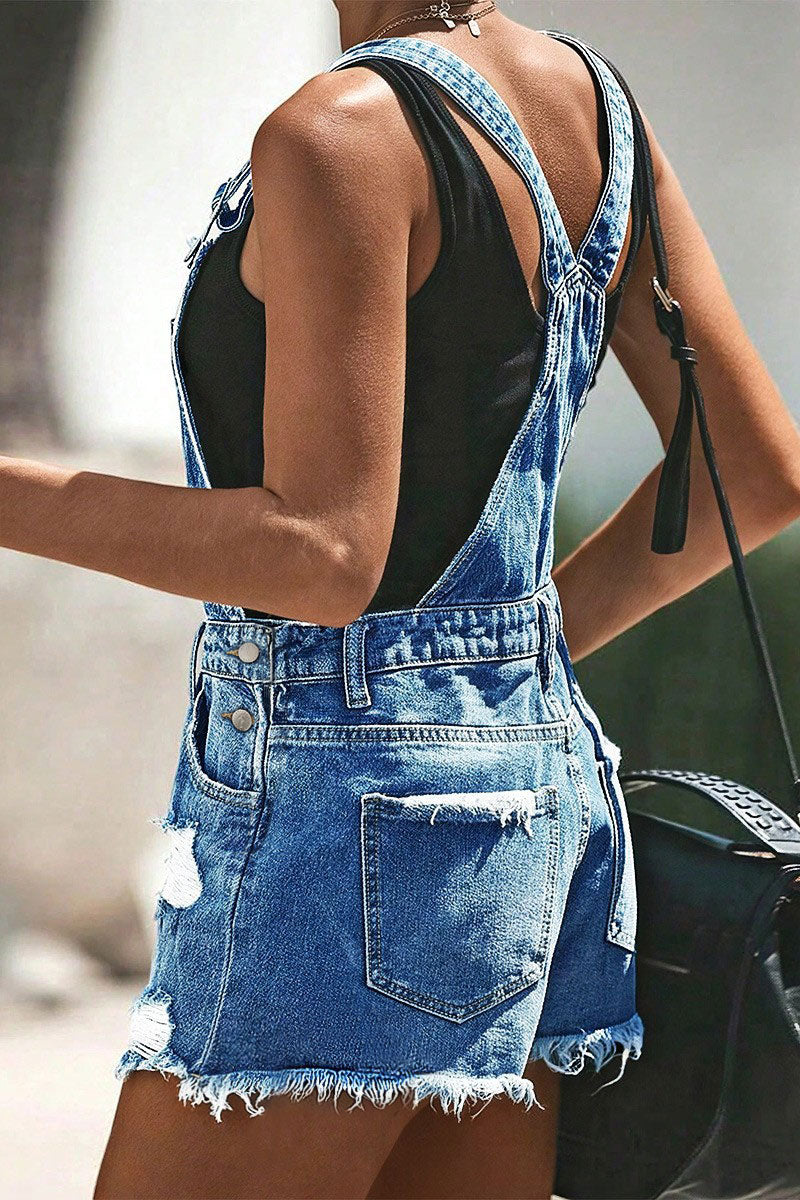 Wash Ripped Raw Hem Patch Pocket Denim Shortalls