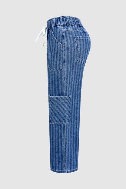 Striped Patch Pocket Drawstring Mid Rise Straight Leg Crop Jeans