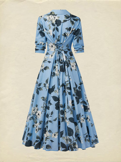 Robe longue en lin, Manches mi-longues, Col à revers, Florale, Vacances, Vintage, Bleue