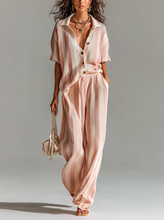 Chic Casual Pink-Beige Stripes Lapel Single-Breasted Short-Sleeve Top Wide-Leg Pants Ribbed Knit Two-Piece Set