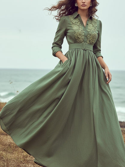 Robe longue en lin, manches longues, col châle, unie, dentelle, vacances, vintage, verte