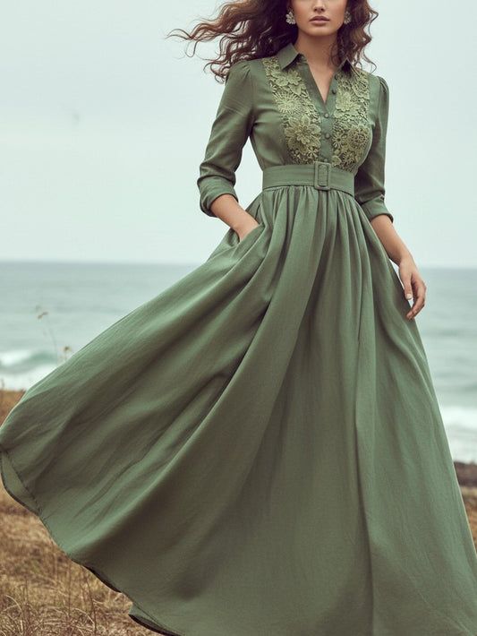Robe longue en lin, manches longues, col châle, unie, dentelle, vacances, vintage, verte