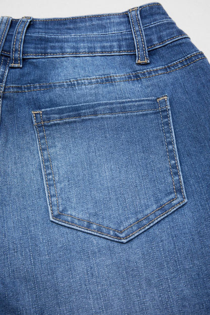 Roll Hem Dual Button High Waist Straight Leg Capri Jeans