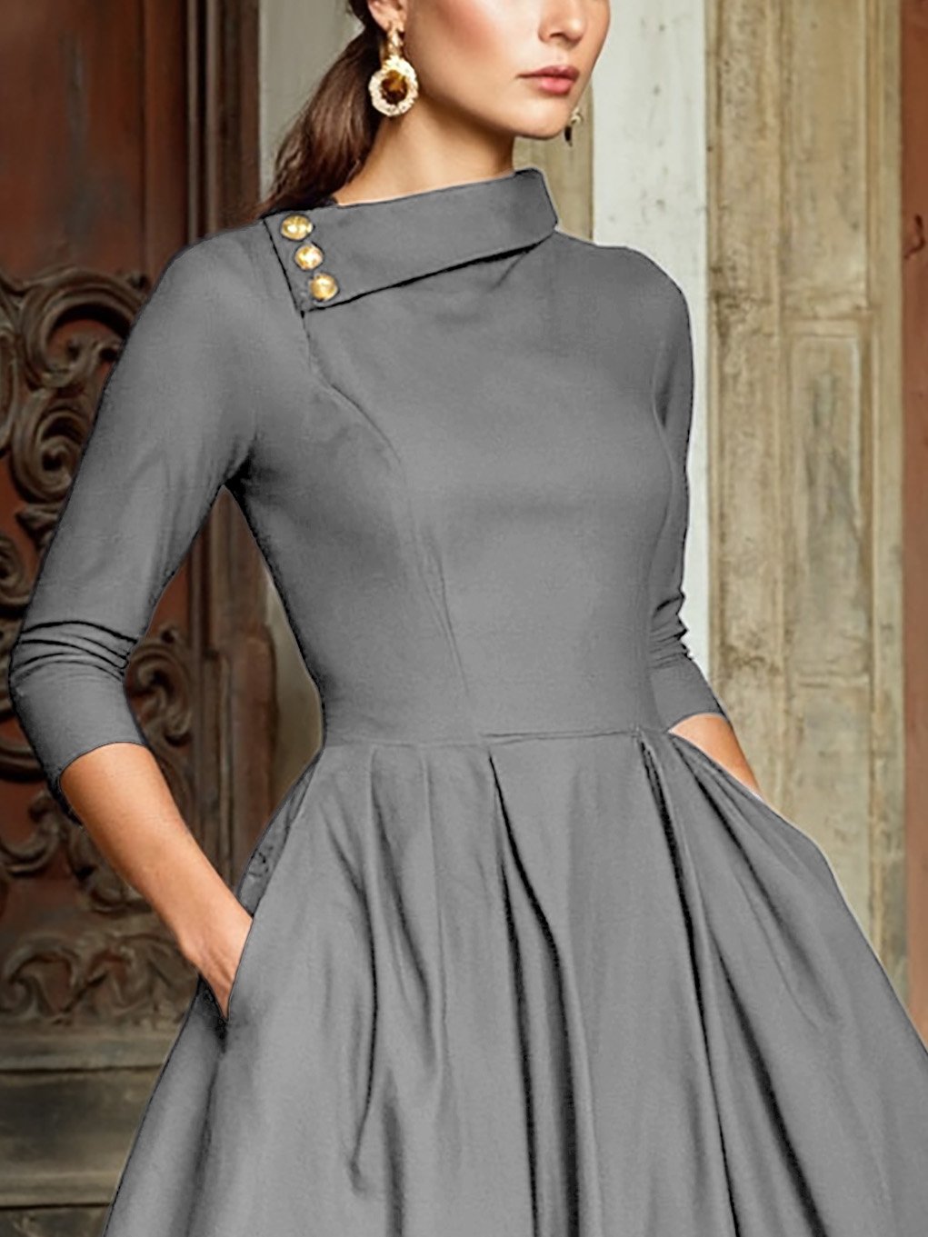 Robe midi en coton, manches courtes, col châle, unie, poches, vintage, cramoisie