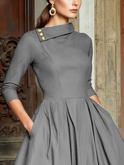Robe midi en coton, manches courtes, col châle, unie, poches, vintage, cramoisie