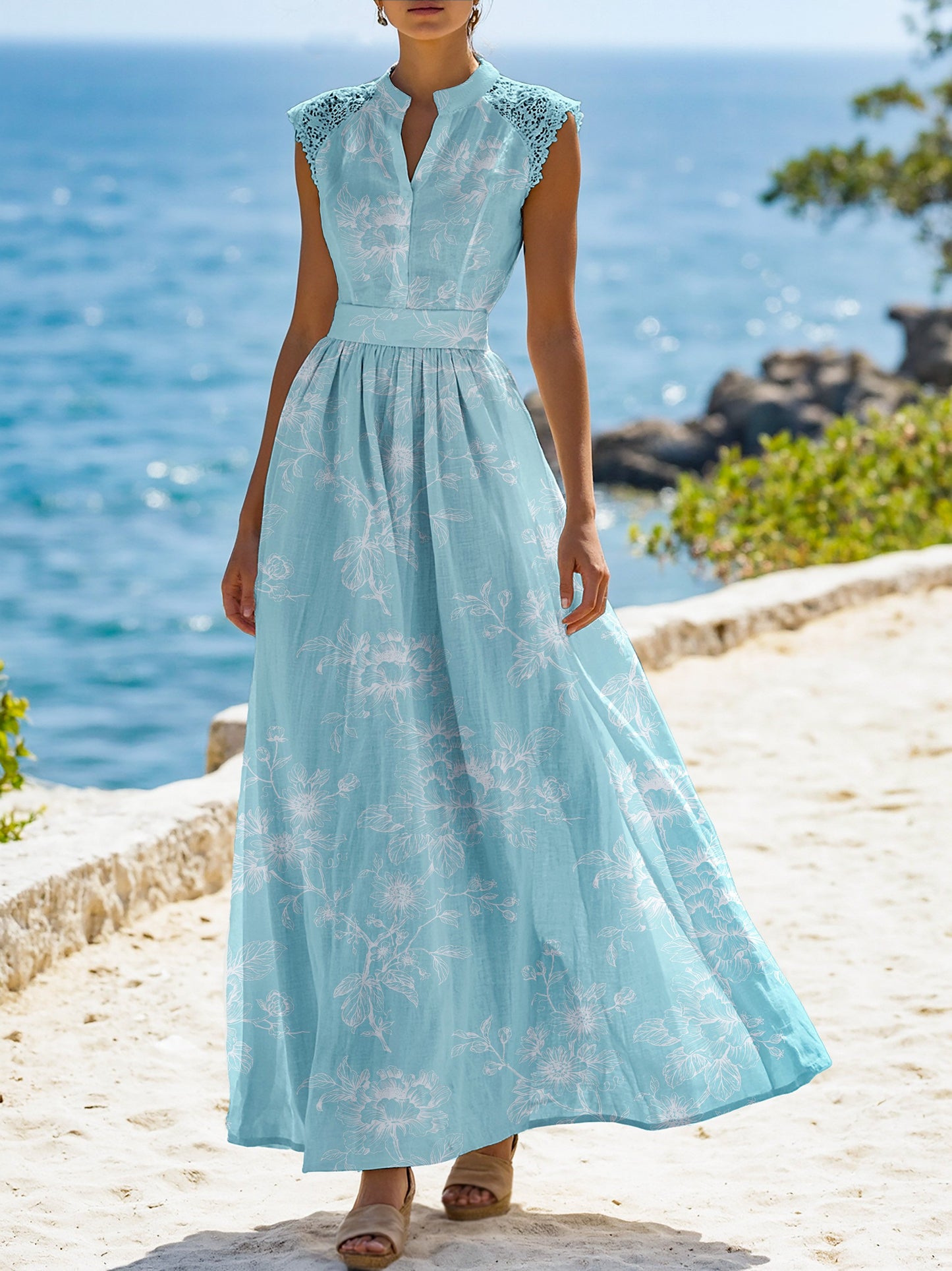 (TAILLE:XS-XXL) Robe longue en lin, manches courtes, col montant, motifs floraux, dentelle, vintage, abricot