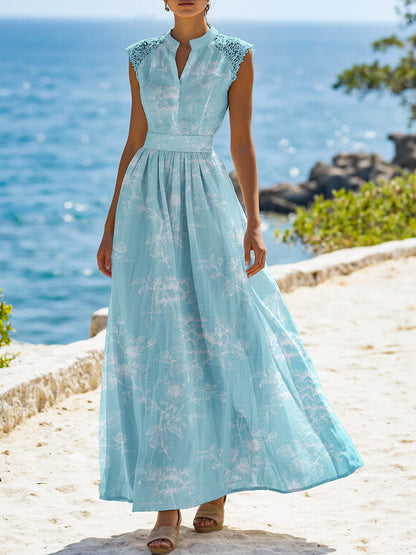 (TAILLE:TP-TTG) Robe longue en lin, Manches courtes, Col montant, Fleuri, Dentelle, Vintage, Bleu