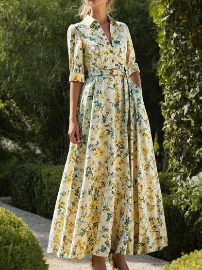 Robe longue en lin, Manches courtes, Col châle, Imprimé floral, Boutonnée, Vintage, Beige