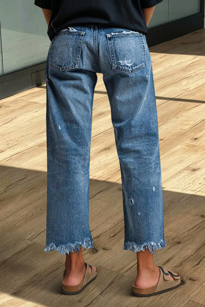 Wash Raw Hem Ripped Mid Rise Crop Straight Leg Jeans