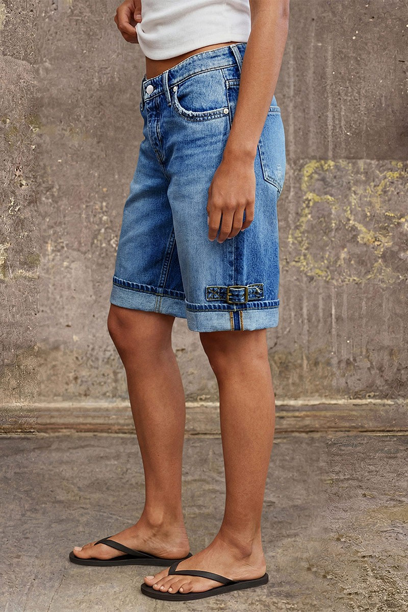 Wash Buckle Decor Roll Hem Mid Waist Denim Bermuda Shorts