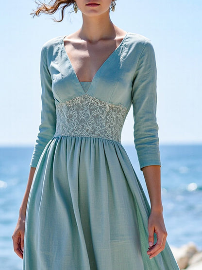 Robe longue en lin, Manches courtes, Col en V, Unie, Dentelle, Vintage, Cyan