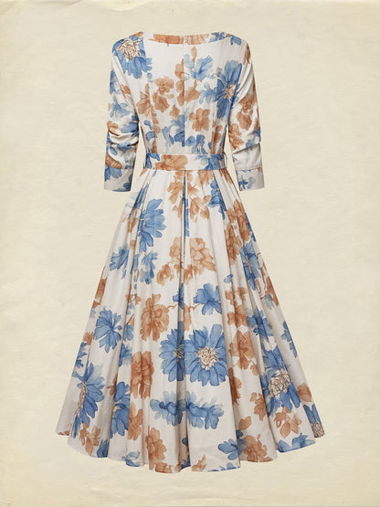 Robe Midi en Coton, Manches Mi-Longues, Col Rond, Imprimé Floral, Ceinture, Vintage, Kaki