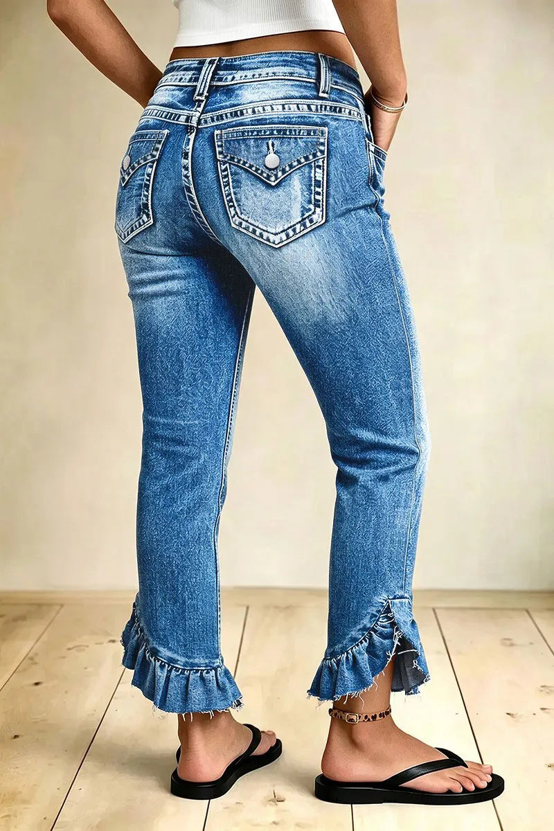 Split Ruffle Hem Flap Pocket Mid Waist Straight Leg Cropped Jeans
