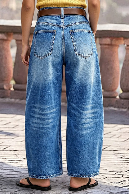 Wash Pleated Ripped High Waist Barrel Leg Jeans Without Belt