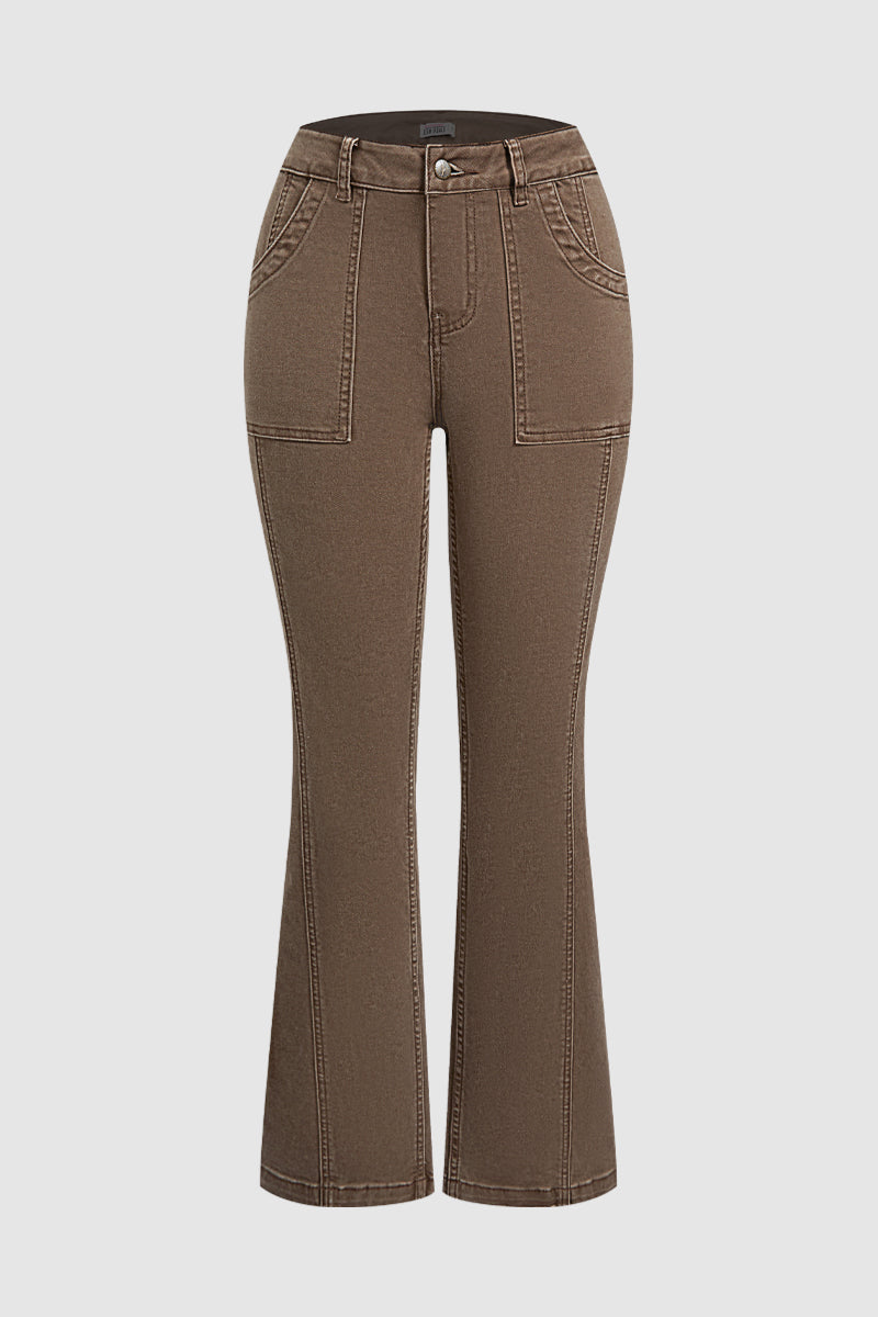 Flap Pocket Stitch Detail Mid Waist Flared Pants Without Belt