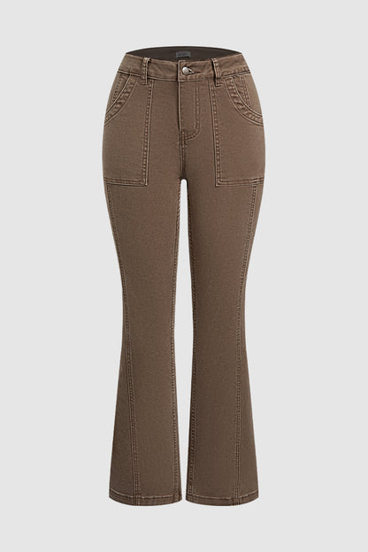 Flap Pocket Stitch Detail Mid Waist Flared Pants Without Belt