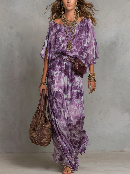 Robe longue bohème ceinturée à imprimé lavande