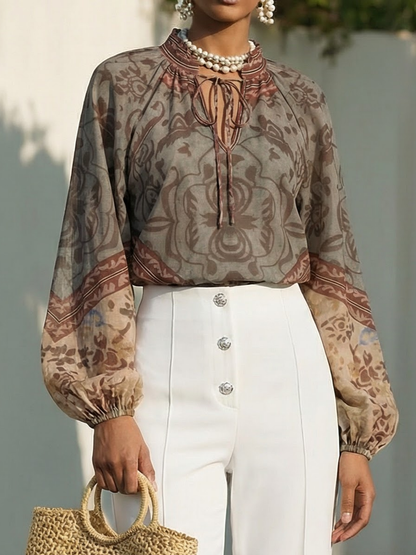 Chemise en coton, manches longues, col en V, motif cachemire, vintage, noire