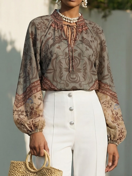 Chemise en coton, manches longues, col en V, motif cachemire, vintage, noire