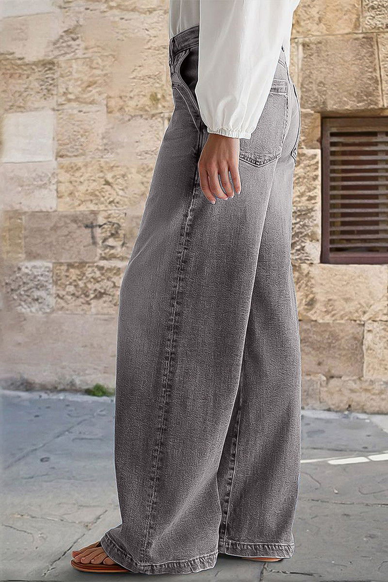 Wash Stitch Decor Wide Leg Mid Rise Jeans Without Belt