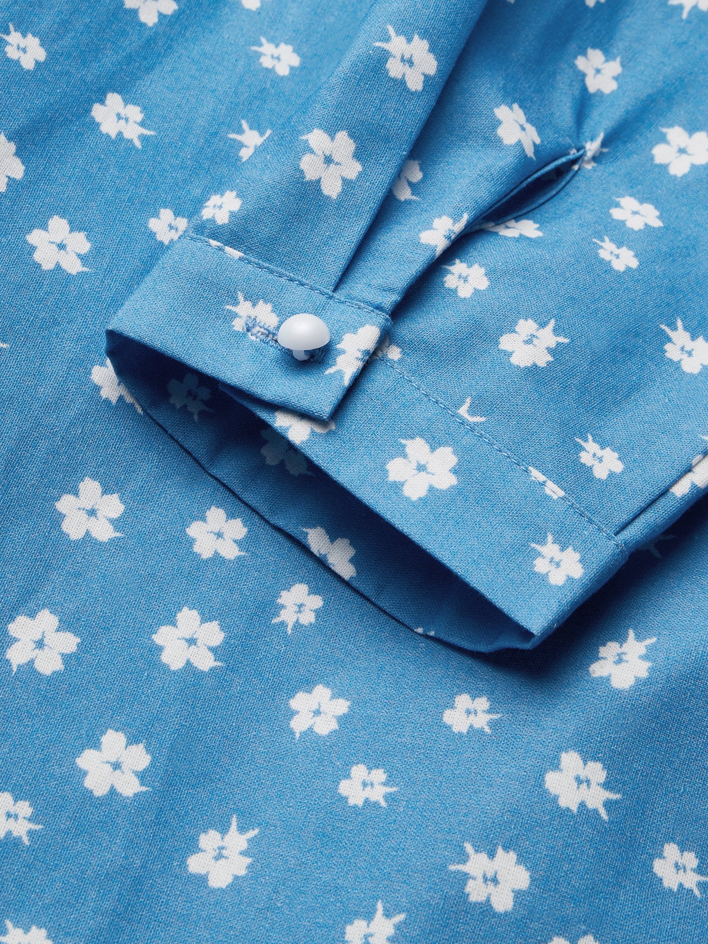 Robe longue en lin, manches 3/4, col montant, motif floral, mélange de lin, bleue