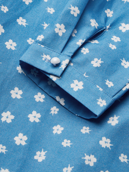 Robe longue en lin, manches 3/4, col montant, motif floral, mélange de lin, bleue