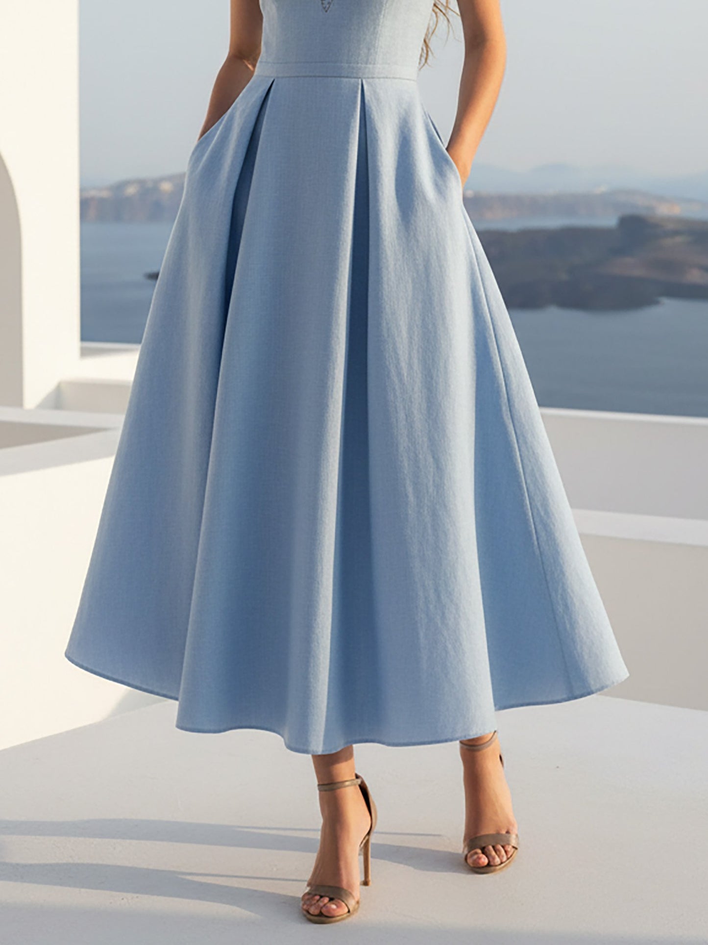 Robe longue en lin, manches courtes, col en V, unie, dentelle, vintage, bleue