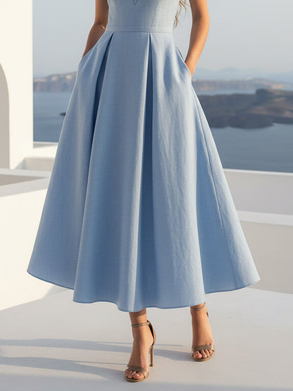 Robe longue en lin, manches courtes, col en V, unie, dentelle, vintage, bleue