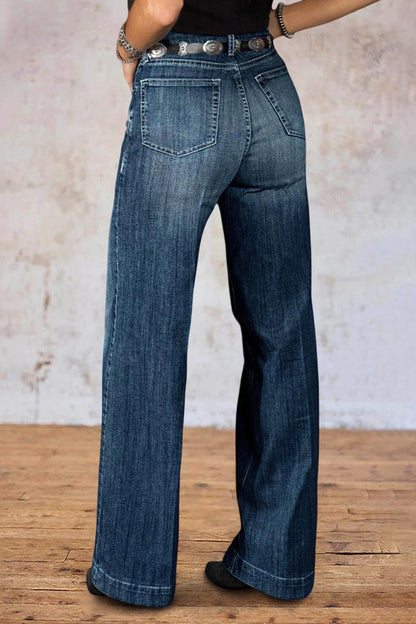 Wash Stitch Detail Mid Rise Straight Leg Jeans Without Belt