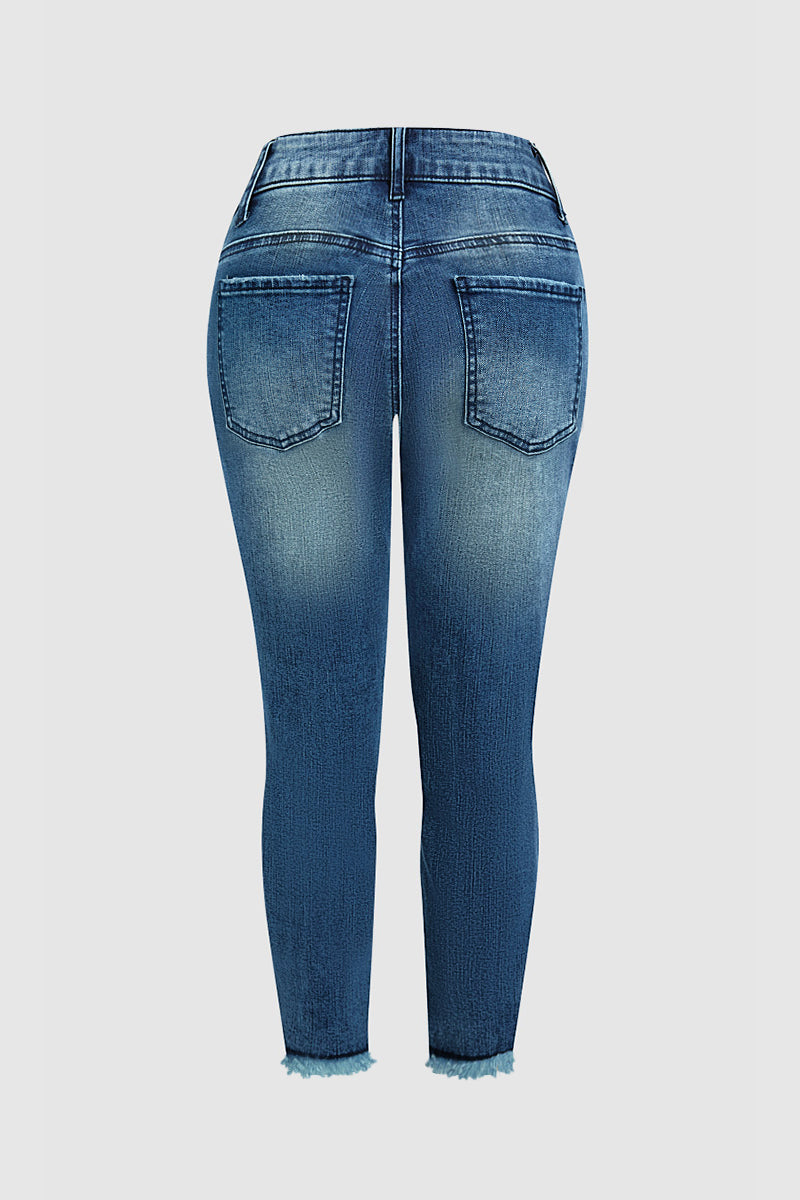 Wash American Flag Pattern Ripped Raw Hem Mid Rise Capri Skinny Jeans