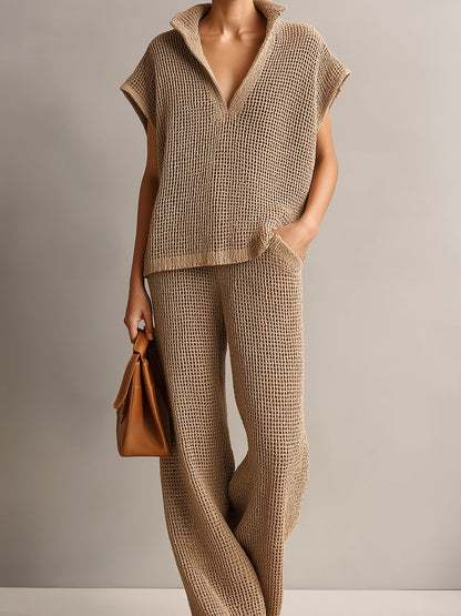 Chic Elegant Camel Stand Collar V-Neck Off-Shoulder Oversize Vest Beige Wide-Leg Pants Knit Two-Piece Set