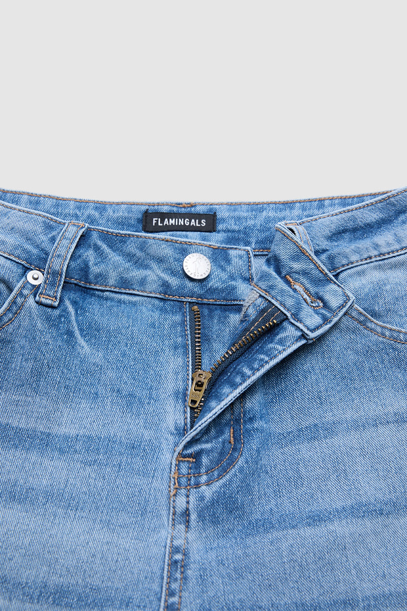 Wash Ruffle Hem High Waist Wide Leg Crop Jeans Without Belt