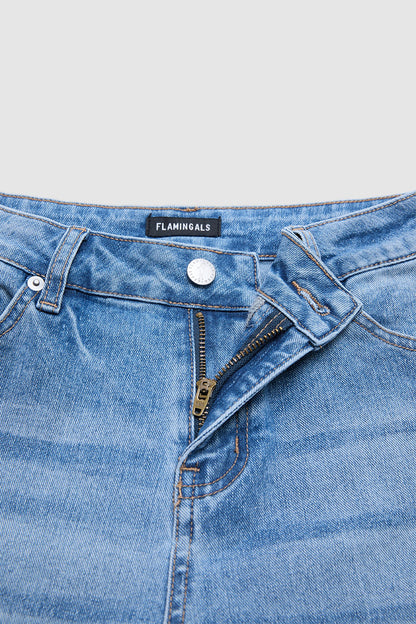 Wash Ruffle Hem High Waist Wide Leg Crop Jeans Without Belt