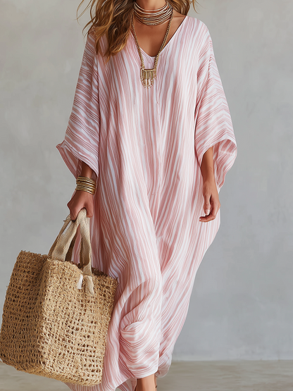 Robe Kaftan Rayée Rose Pâle Style Bohème