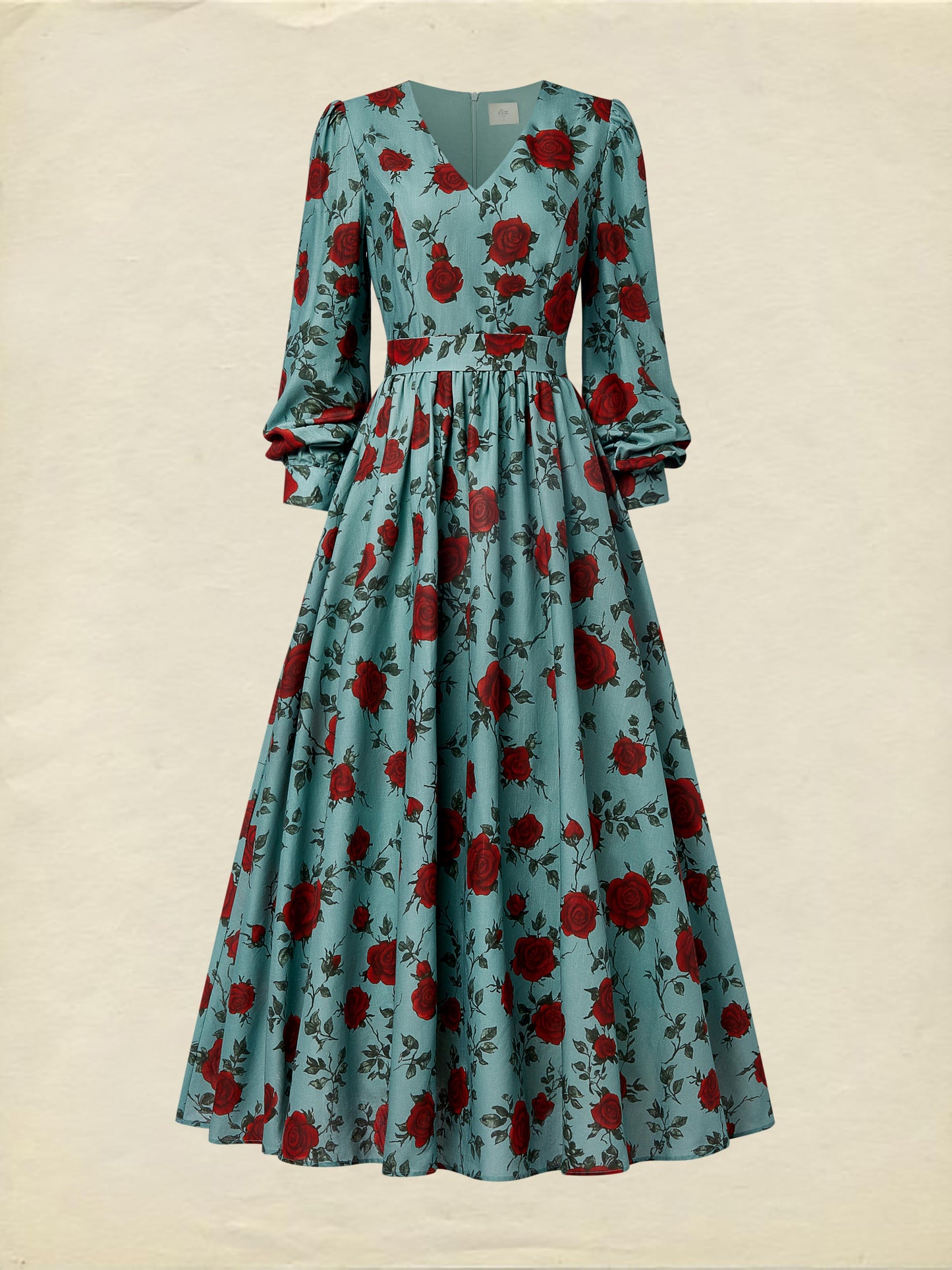 Robe longue en lin, manches longues, col en V, motif floral, ceinture, style vintage, verte