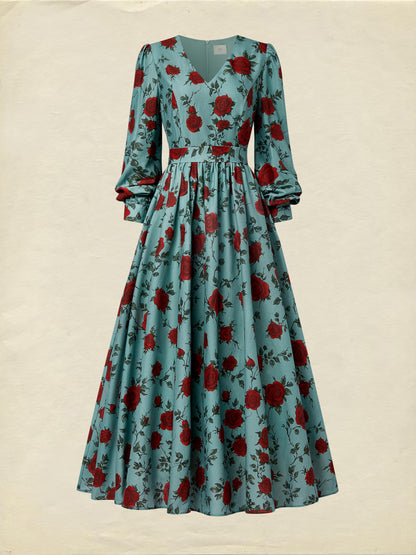 Robe longue en lin, manches longues, col en V, motif floral, ceinture, style vintage, verte