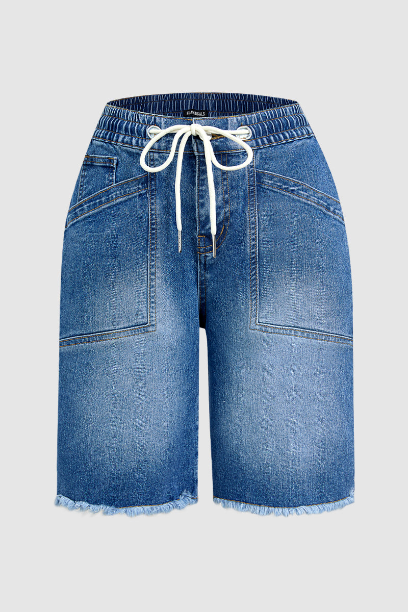 Raw Hem Stitch Detail Drawstring High Waist Denim Bermuda Shorts