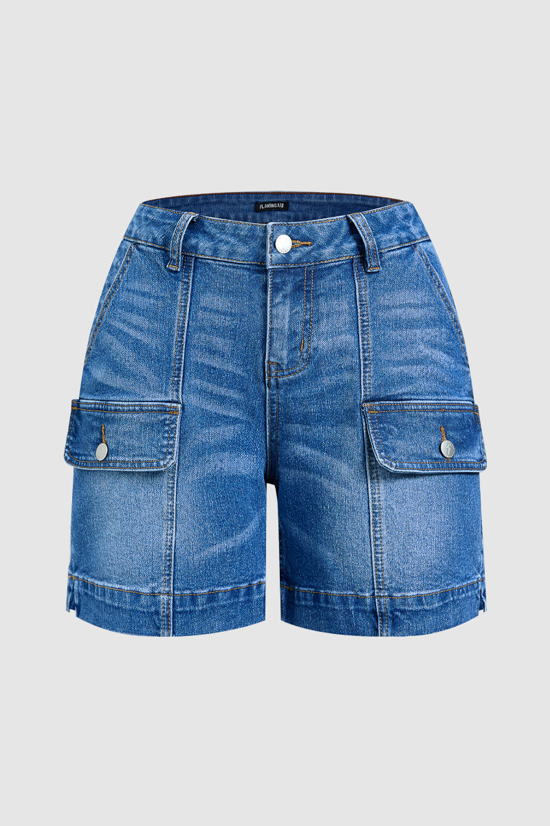 Wash Flap Pocket Split Hem Mid Rise Mid Thigh Denim Shorts Without Belt