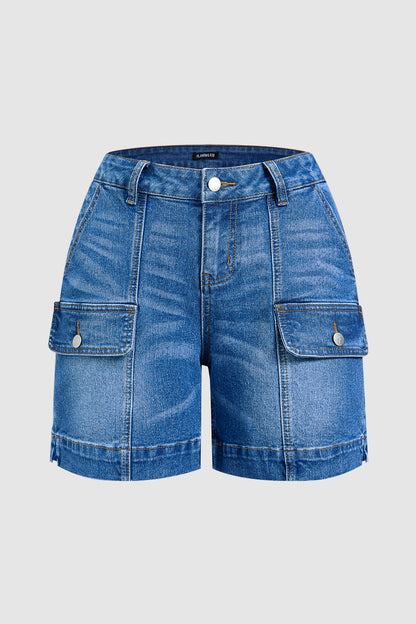 Wash Flap Pocket Split Hem Mid Rise Mid Thigh Denim Shorts Without Belt