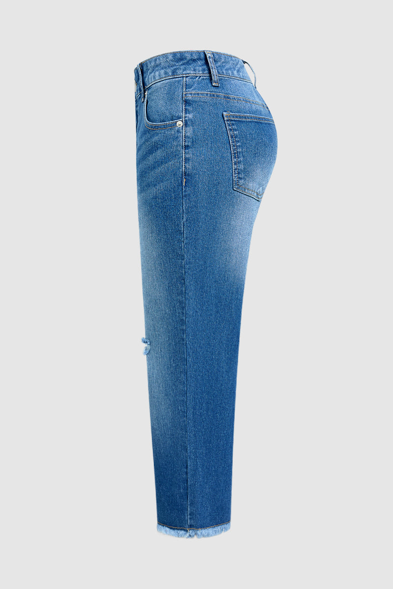 Raw Hem Ripped Mid Waist Straight Leg Capri Jeans