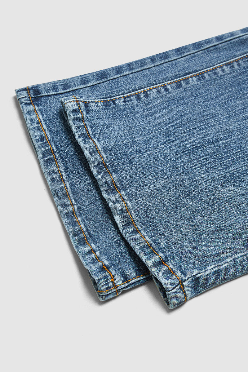 Wash Stretchy Mid Waist Straight Leg Jeans