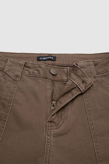 Solid Flap Pocket Mid Waist Straight Leg Pants