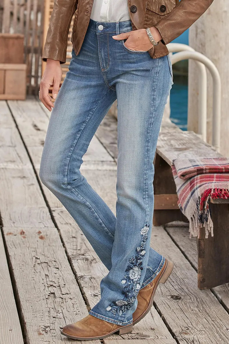 Washed Floral Embroidery Stretchy Mid Waist Bootcut Jeans